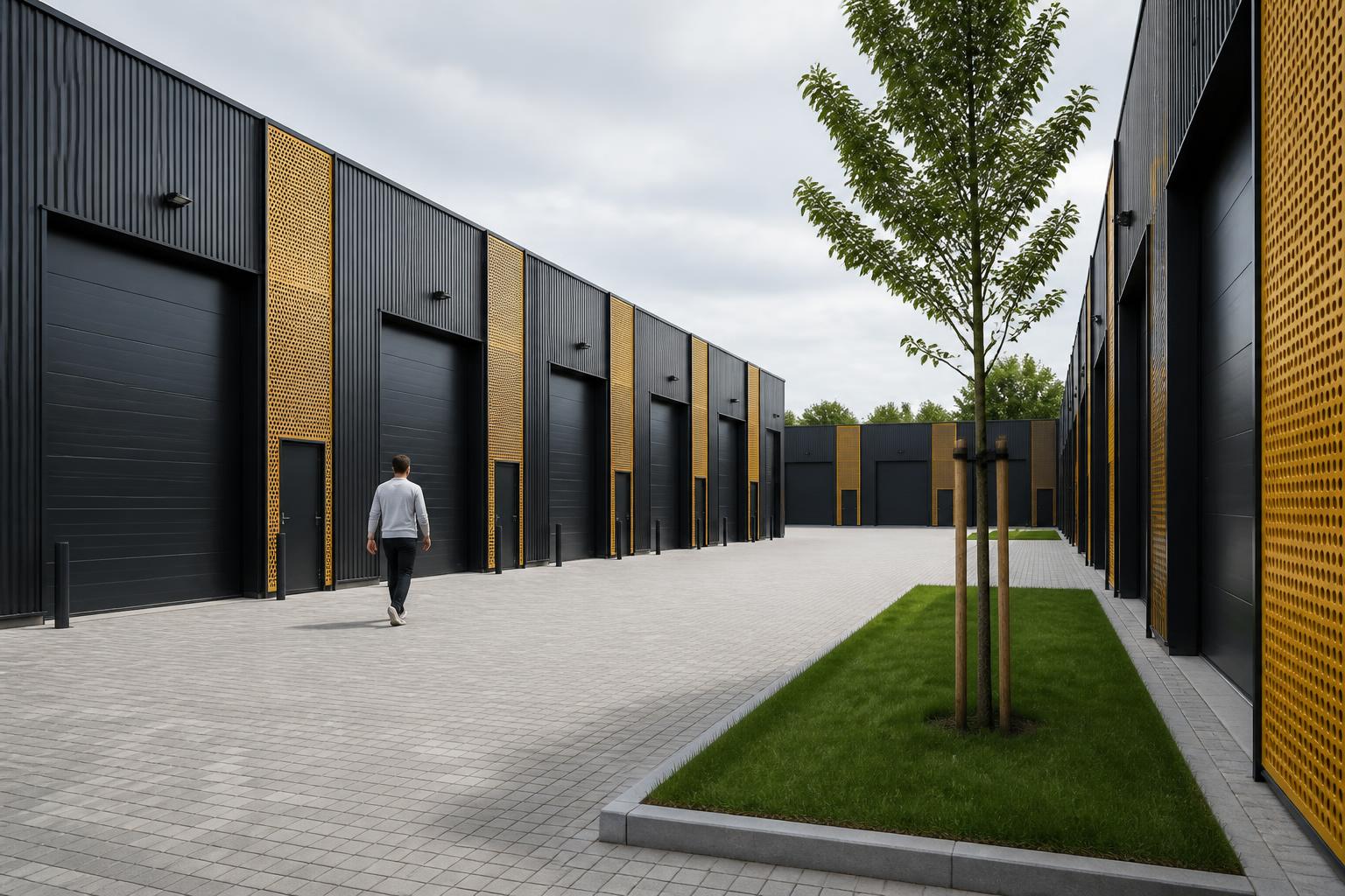 Impressie van het binnengebied met antracietgrijze units en gele accentpanelen